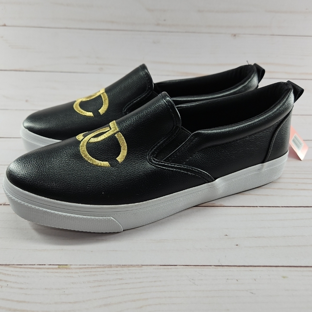 Juicy Couture Congrats Black Faux Leather Logo Slip On Sneakers Womens Size 9.5